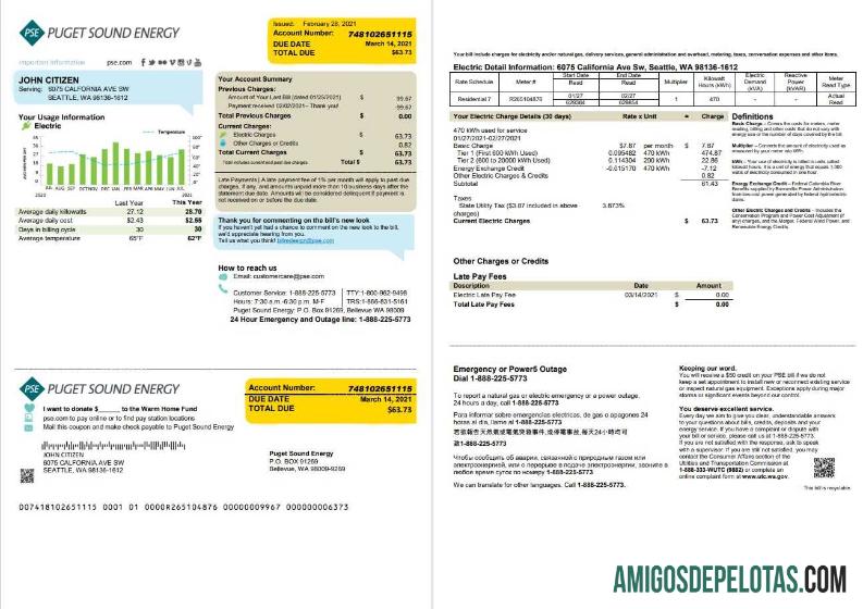 para download Modelo de conta de serviços públicos de energia dos EUA Washington Puget Sound em formato Word e PDF, 2 páginas, versão 2